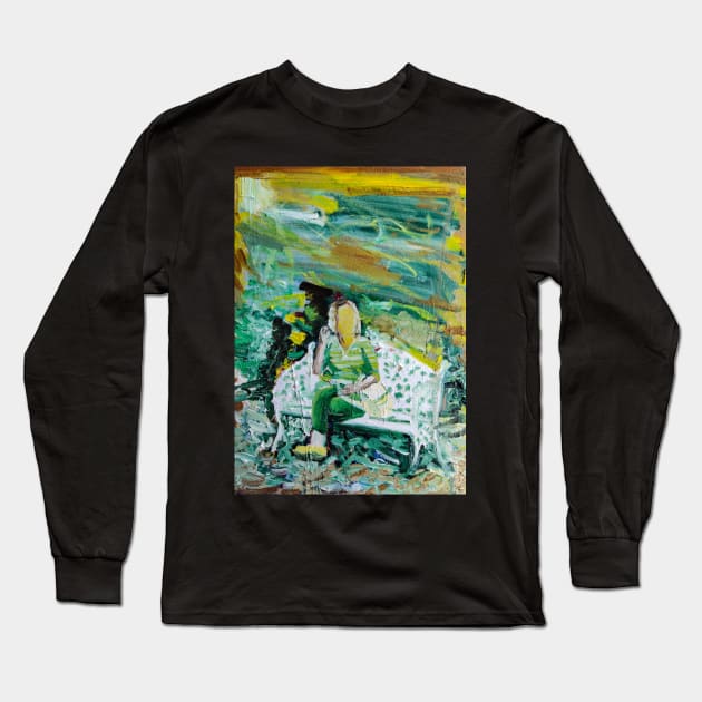 Sitting on a bench painting Long Sleeve T-Shirt by MihaiCotiga Art